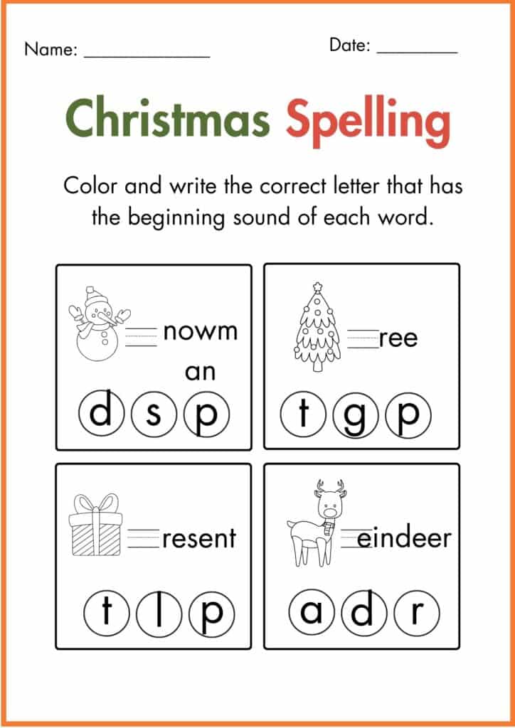Image showing color and write the correct spelling christmas worksheet