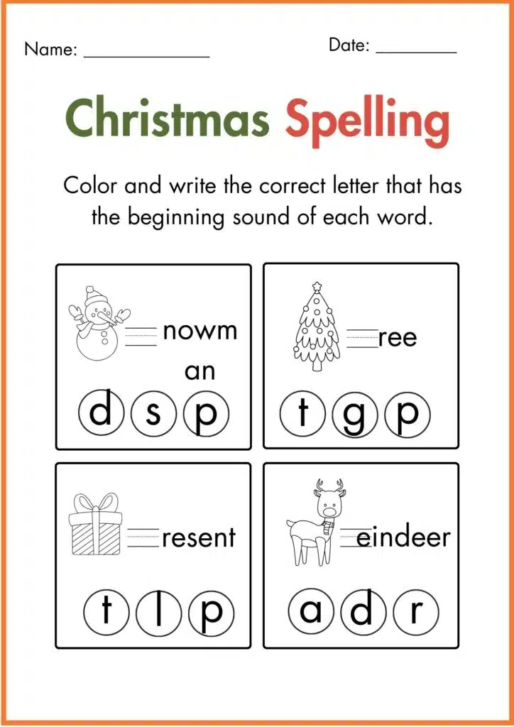 Christmas Spelling coloring worksheet 2