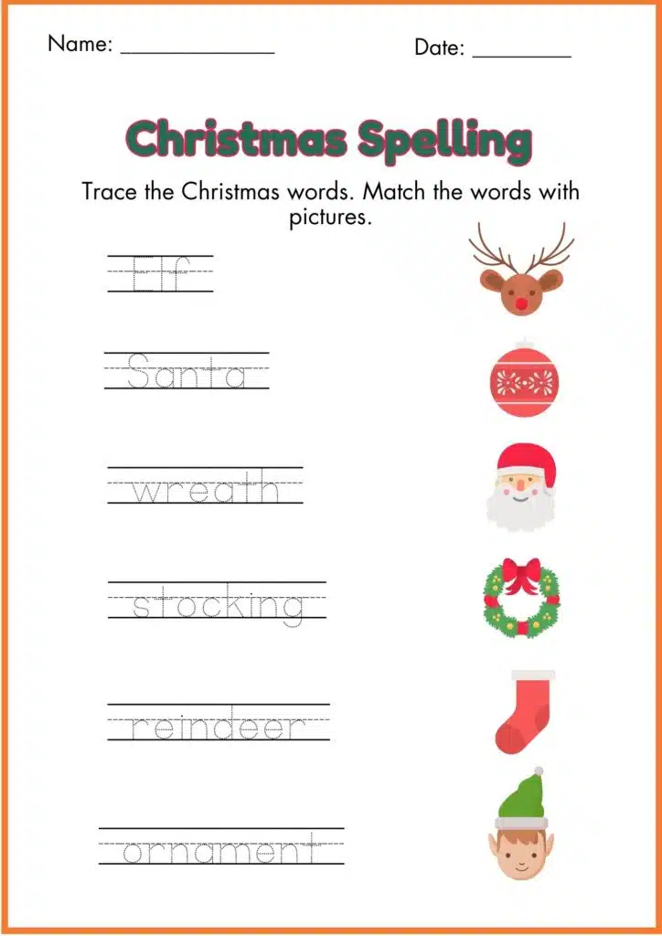 Christmas Spelling trace worksheet 3