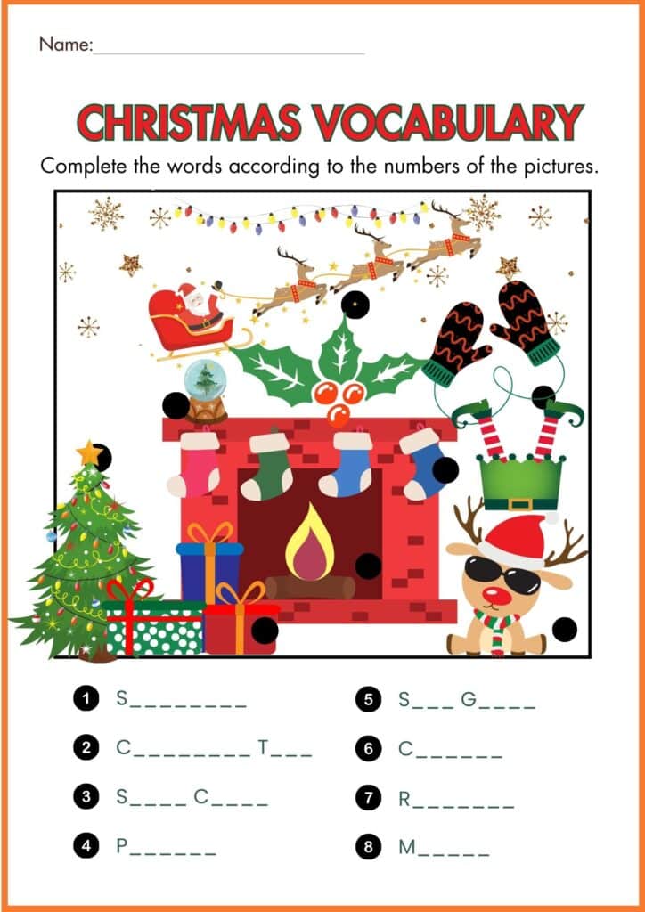 Image showing Christmas Vocabulary Worksheets complte the words according to the Numbers of the picture