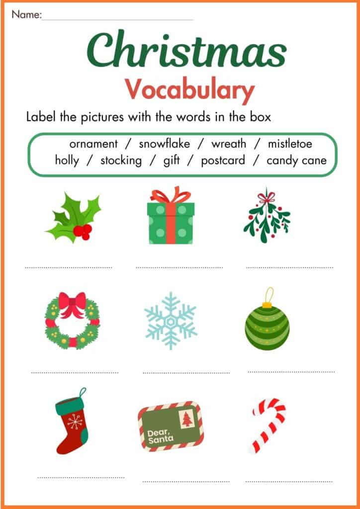 Image showing Christmas vocabulary label the picture with the word worksheet