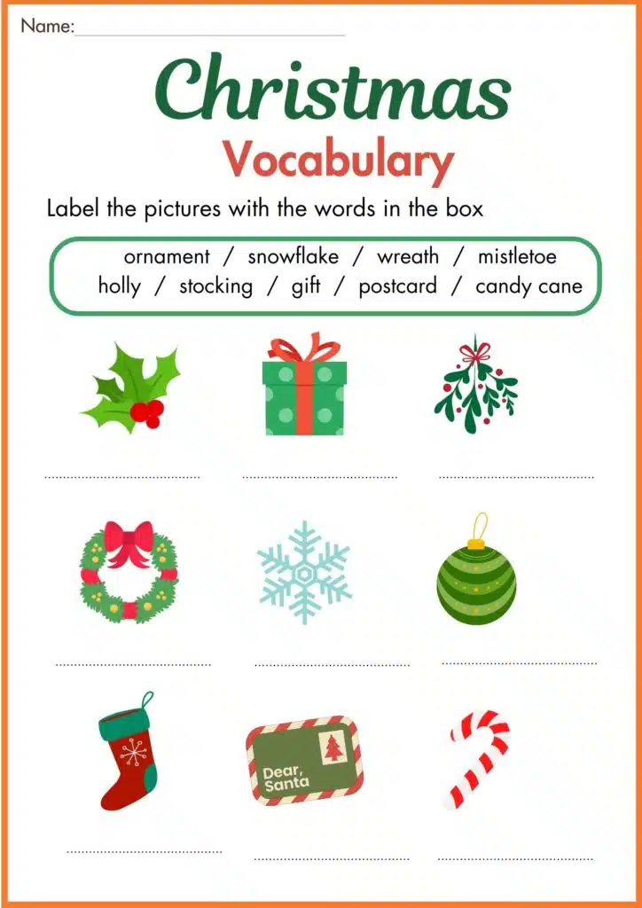 Christmas Vocabulary label worksheet 2