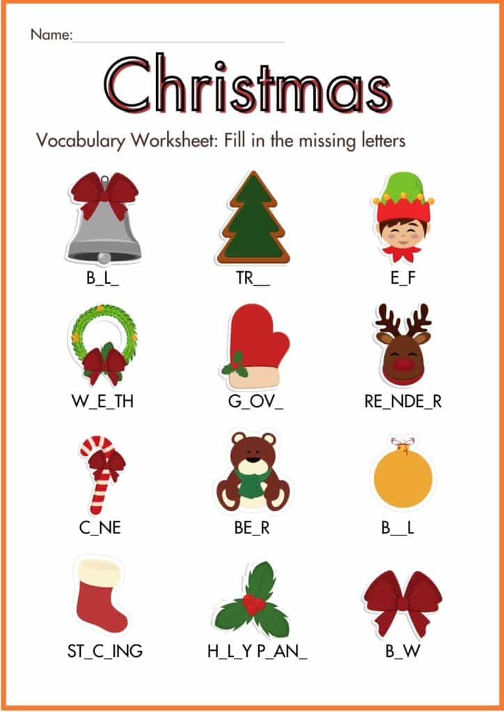 Image showing Christmas Vocabulary fill the missing letter worksheet