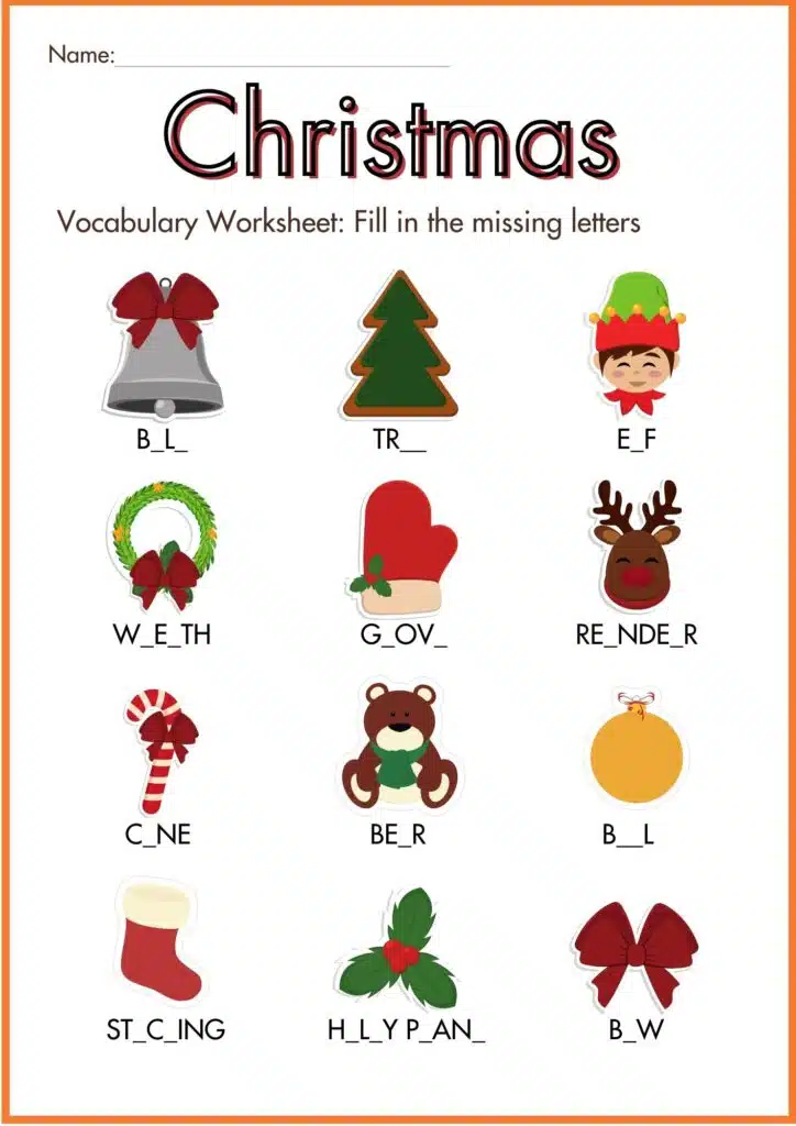 Christmas Vocabulary missing letter worksheet 1