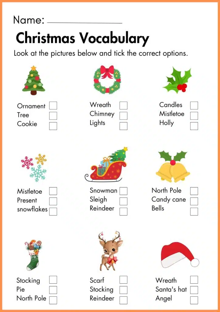 Christmas Vocabulary tick the correct option worksheet 4