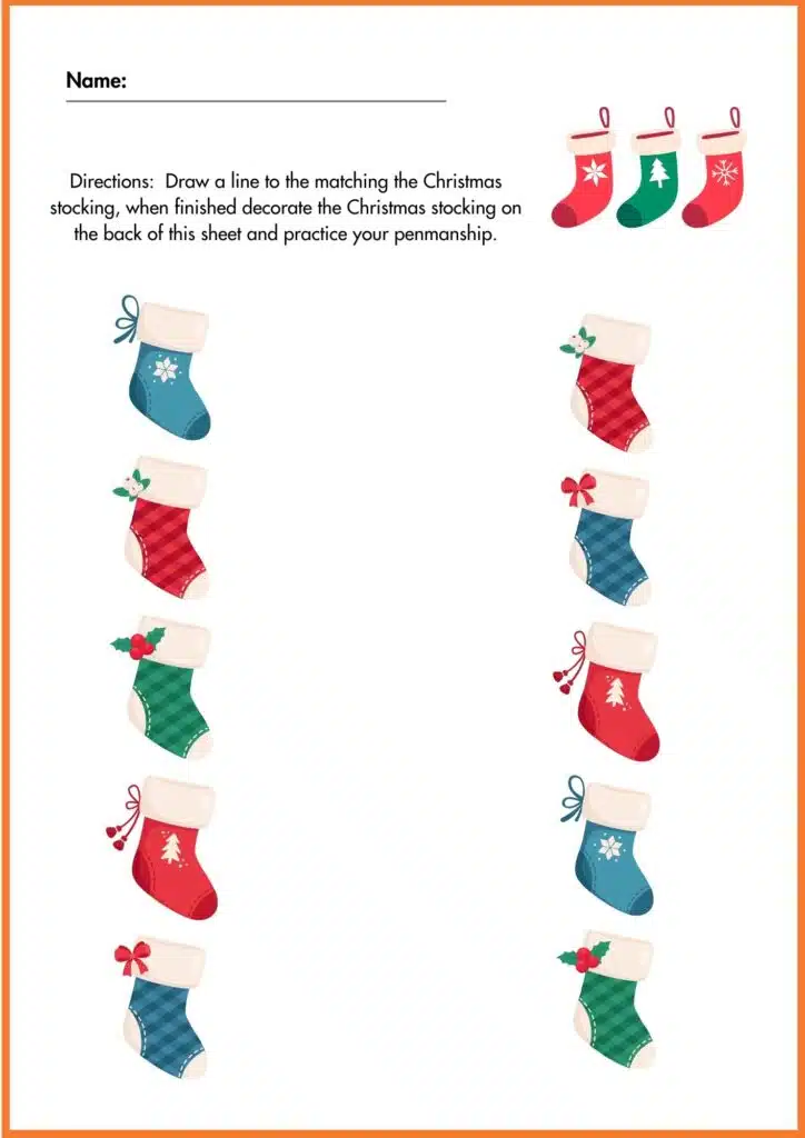 Christmas stocking Matching worksheet 3