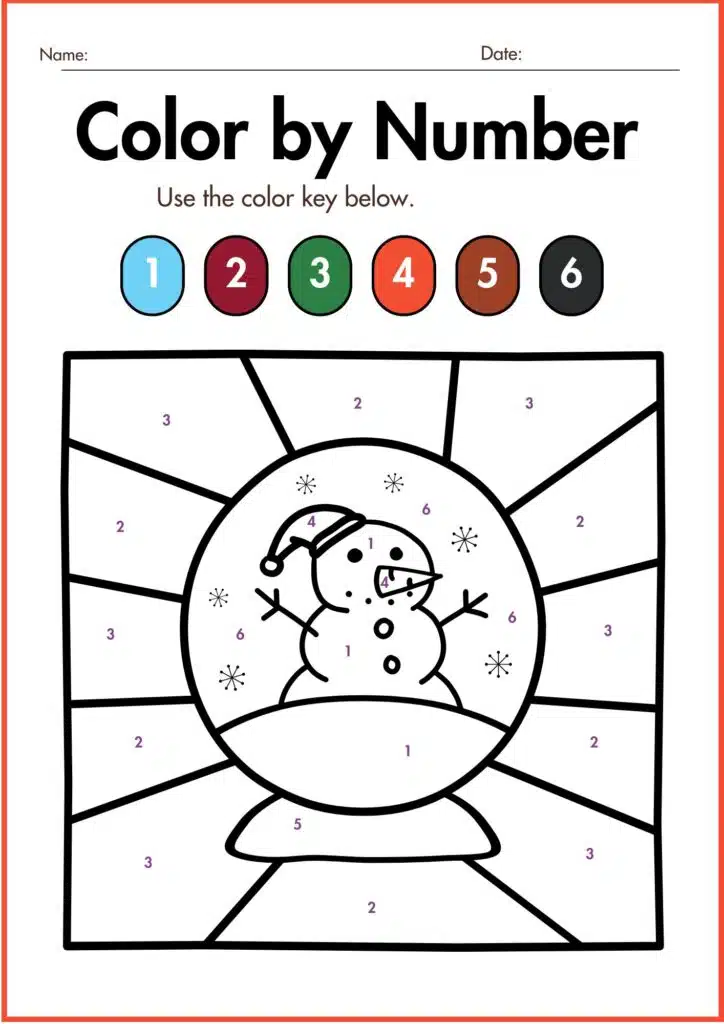 Color by Number Christmas snow man worksheet 2