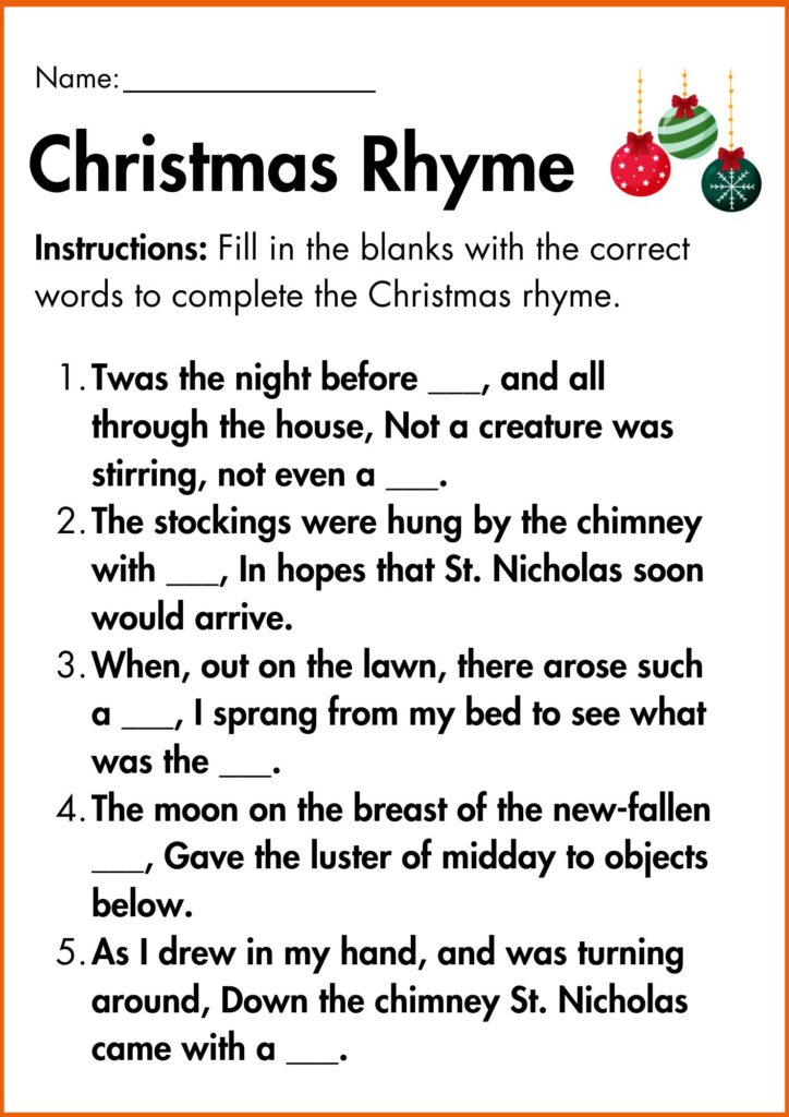 Fill in the blanks Christmas Rhyme worksheet 1