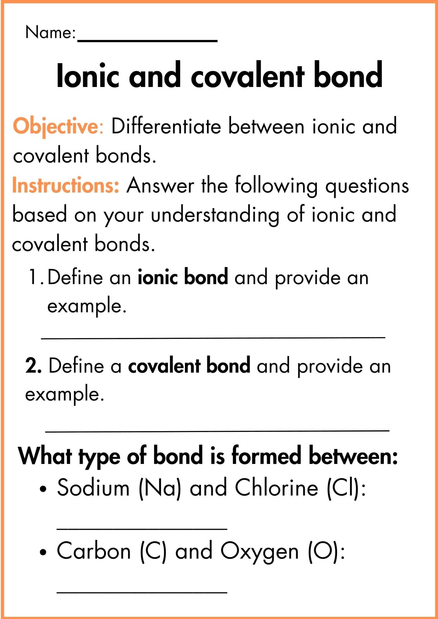 Ionic and Covalent Bond Worksheet