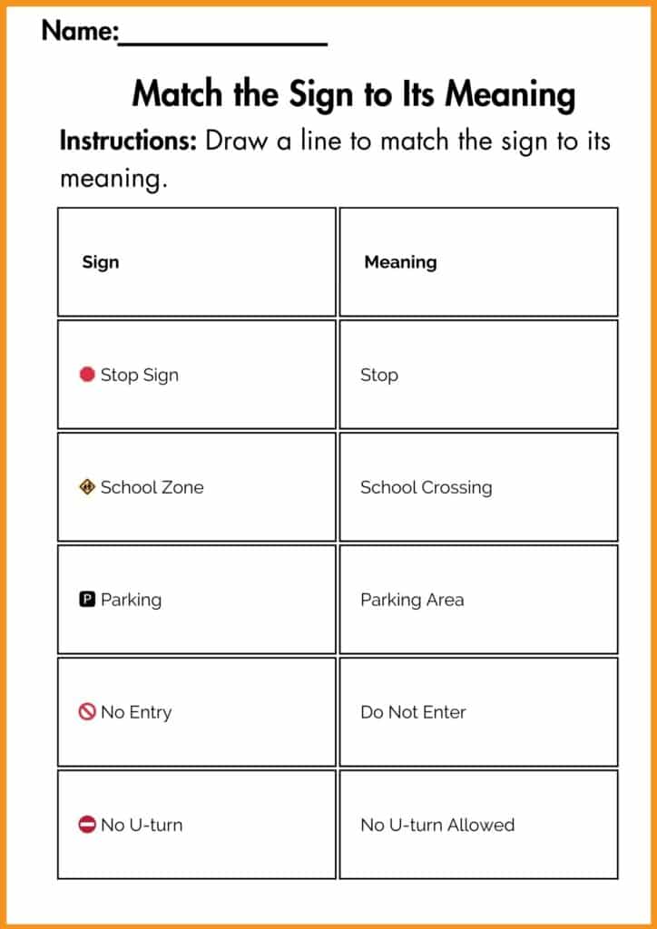 Match the Sign to Its Meaning worksheet