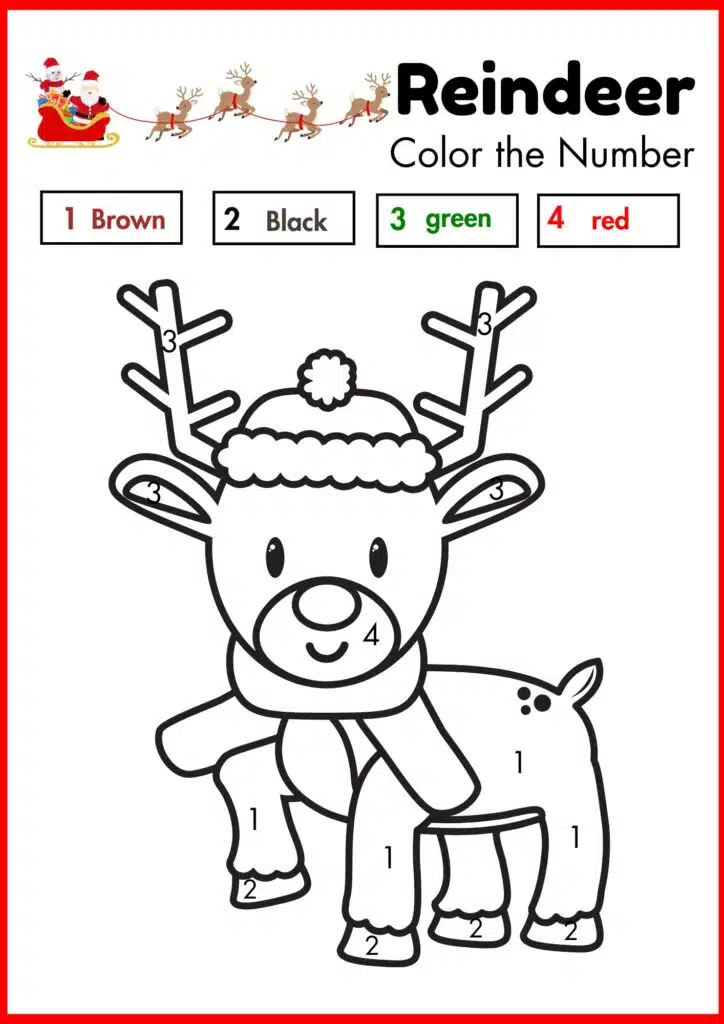 Reindeer color the number worksheets 2