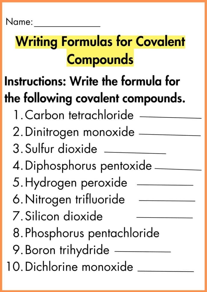 image showing Writing Formulas for Covalent Compounds worksheet 