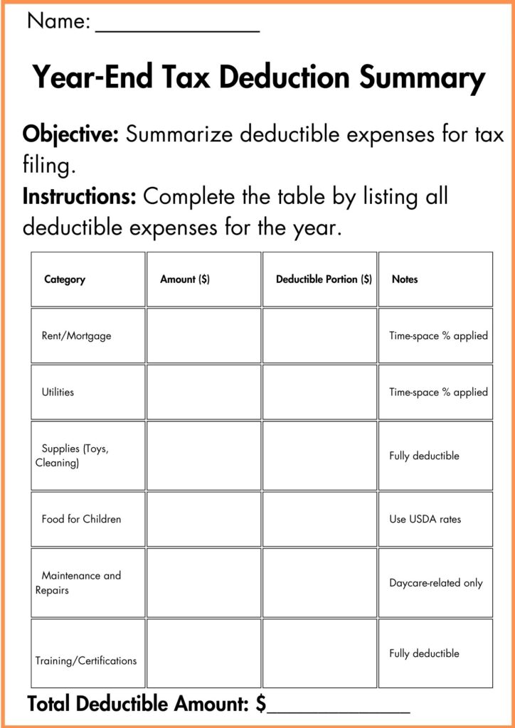 image showing Year-End Tax Deduction Summary worksheet 
