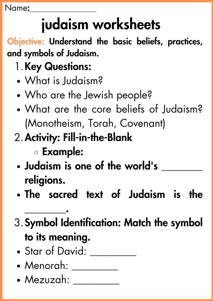 image showing basic beliefs, practices, and symbols of Judaism worksheet 