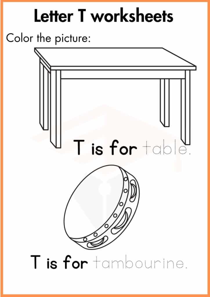 image showing color the table and tambourine t worksheet 