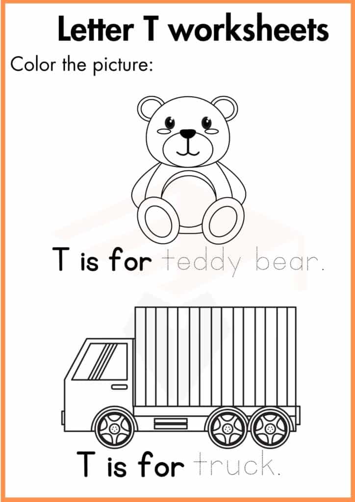 image showing color the teddy bear and truck t worksheet