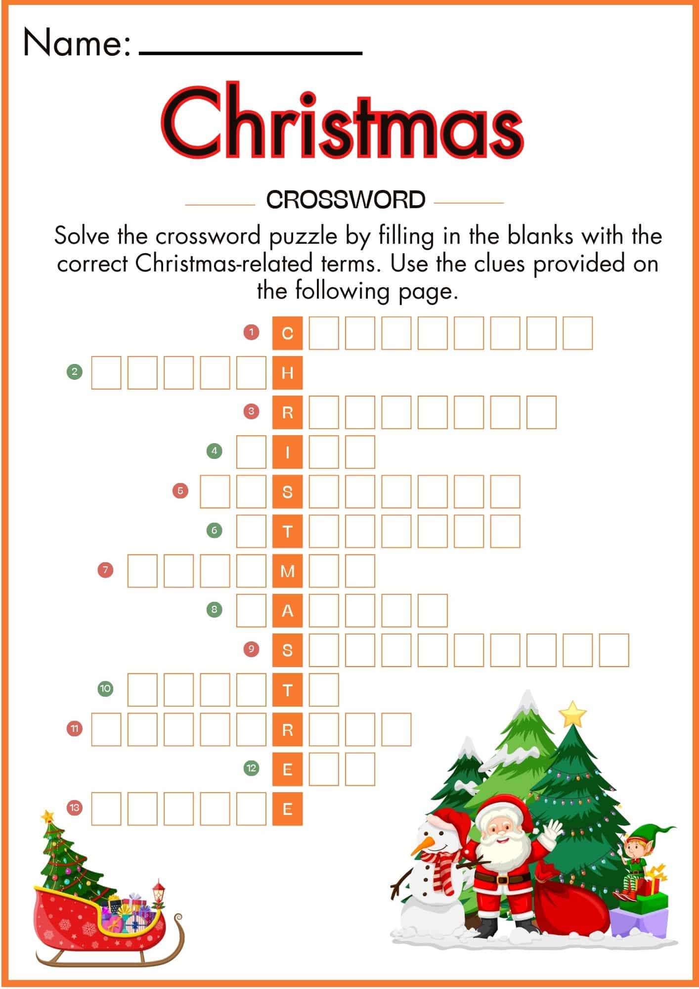 Christmas Crossword Worksheets For kindergarten
