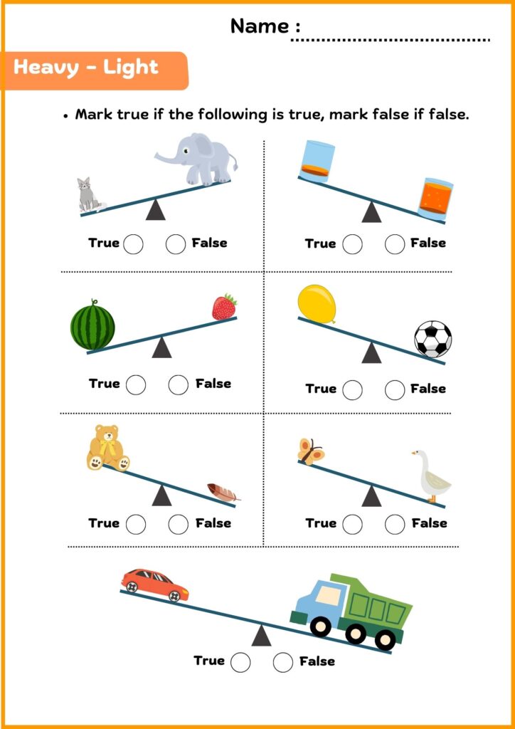 image showing mark on the picture worksheet on heavy and light  