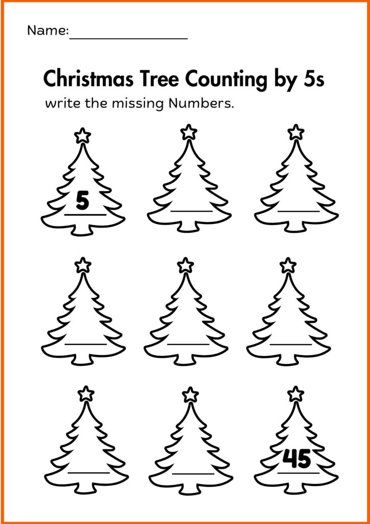 write missing number Christmas Tree Counting by 5s worksheets 2