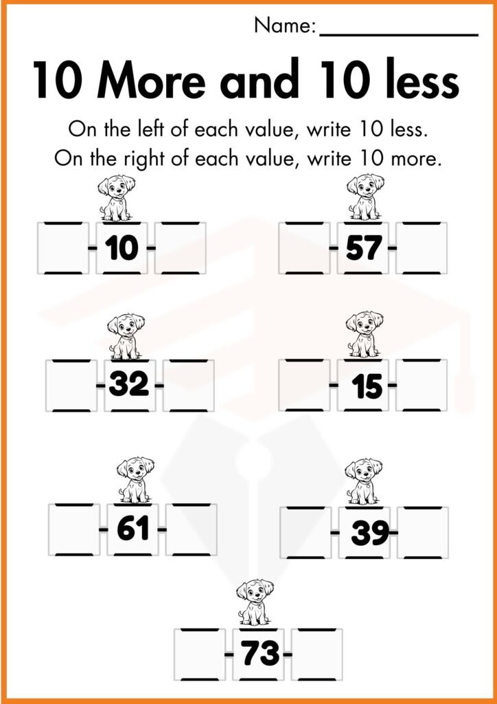 image shownig 10 more and 10 less write number in box worksheet 1