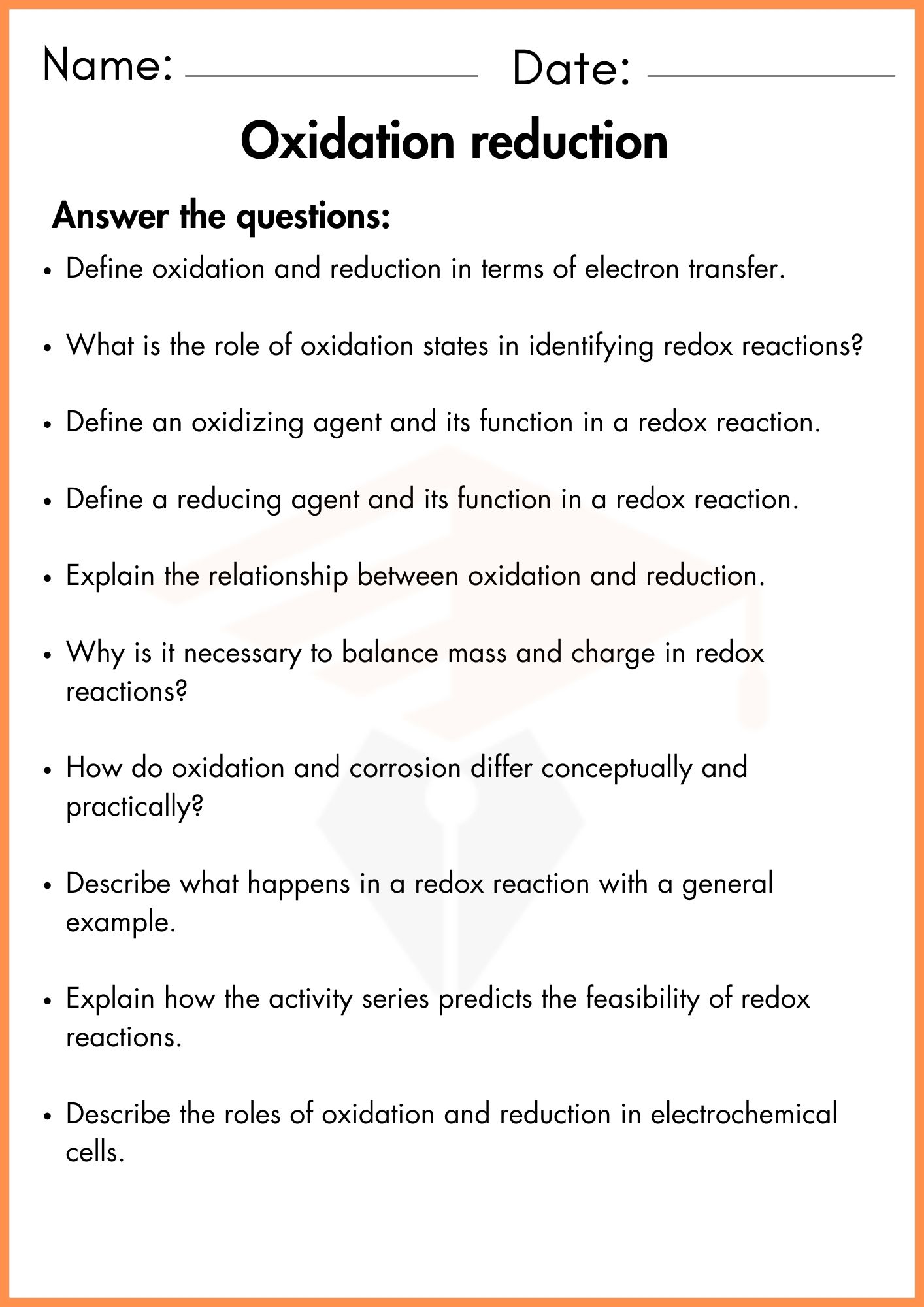 Oxidation Reduction Worksheets