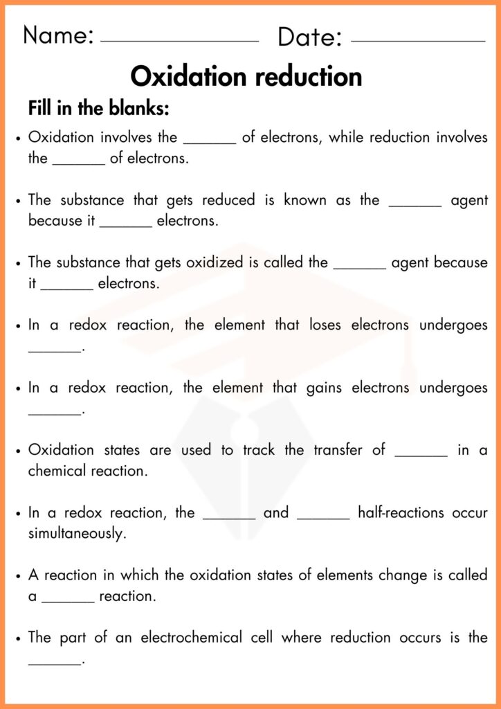 image showing 
Fill in the blanks Oxidation reduction worksheet 3