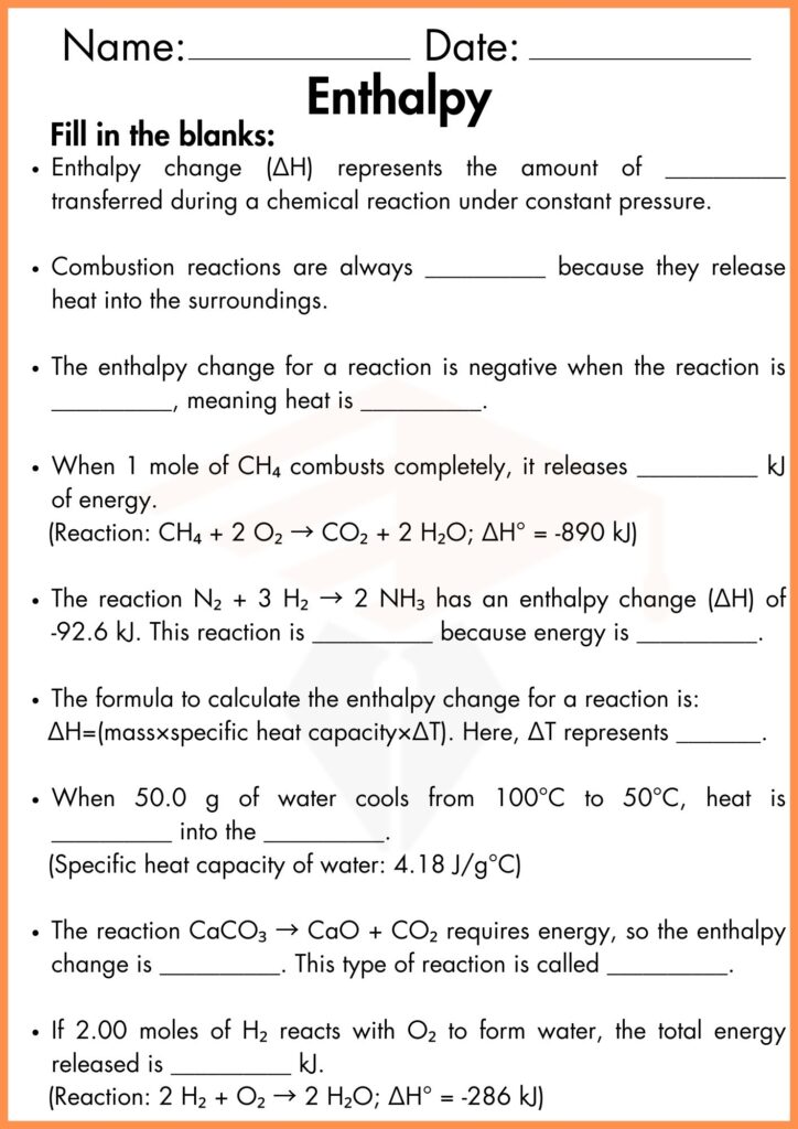 image showing Fill in the blanks enthalpy worksheet 3