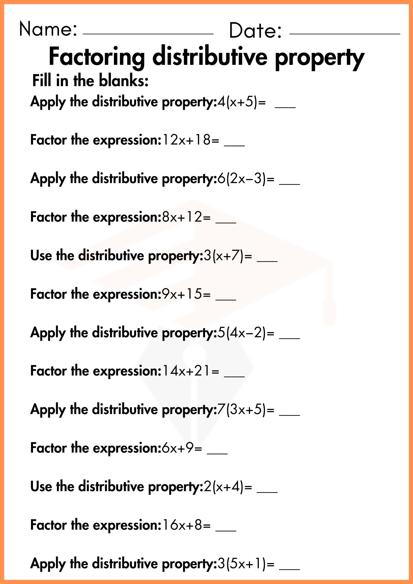 Factoring distributive property worksheets