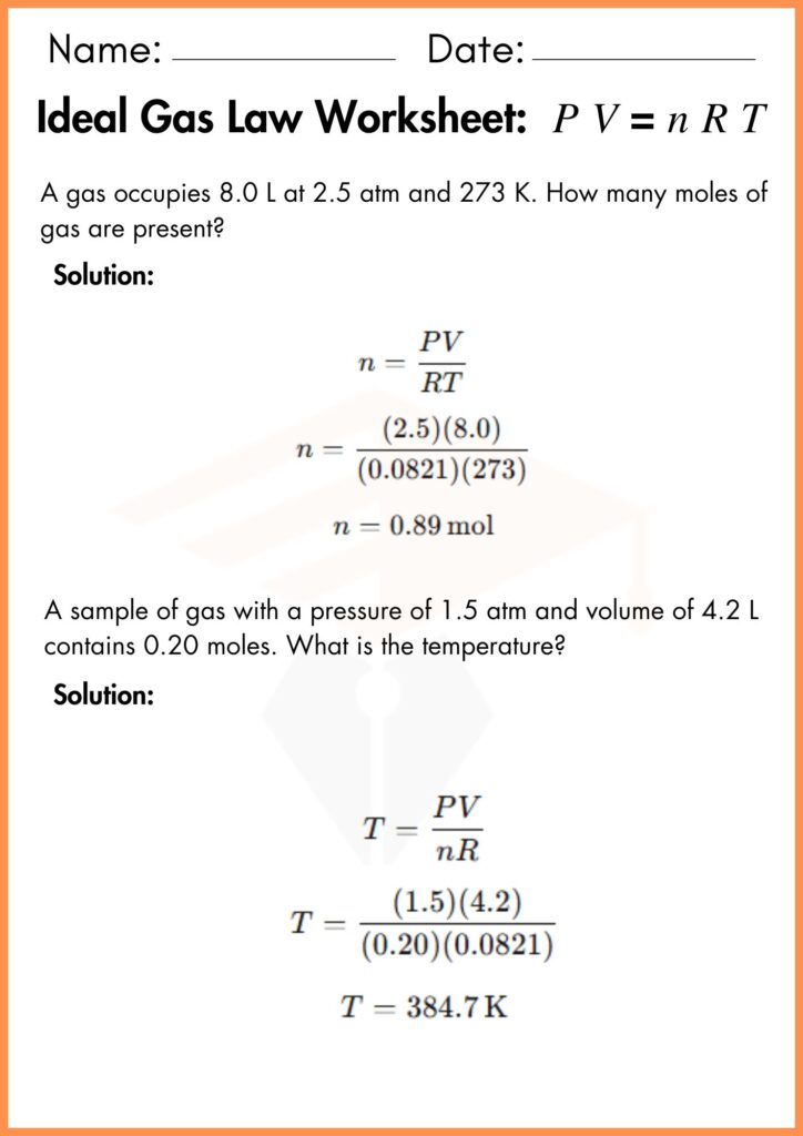 Image showing Ideal Gas Law Worksheets:  𝑃 𝑉 = 𝑛 𝑅 𝑇