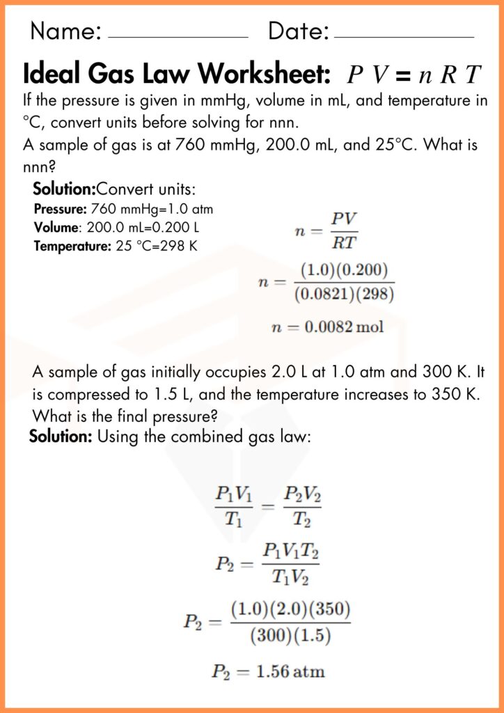 Image showing Ideal Gas Law Worksheets:  𝑃 𝑉 = 𝑛 𝑅 𝑇