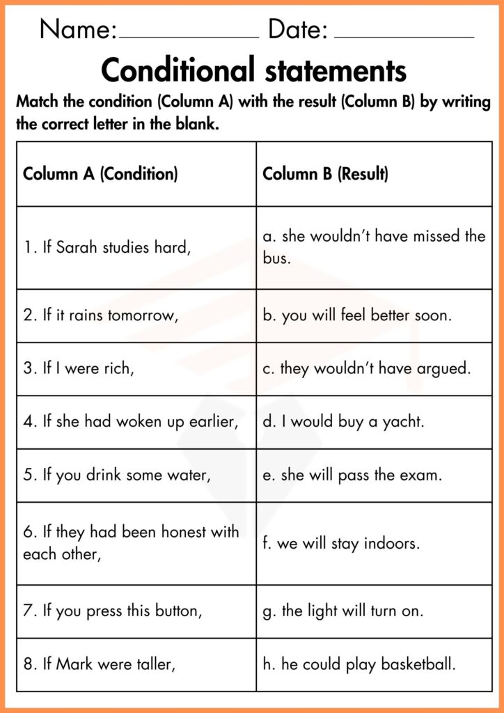 image showing Match table  conditional statements worksheet 2