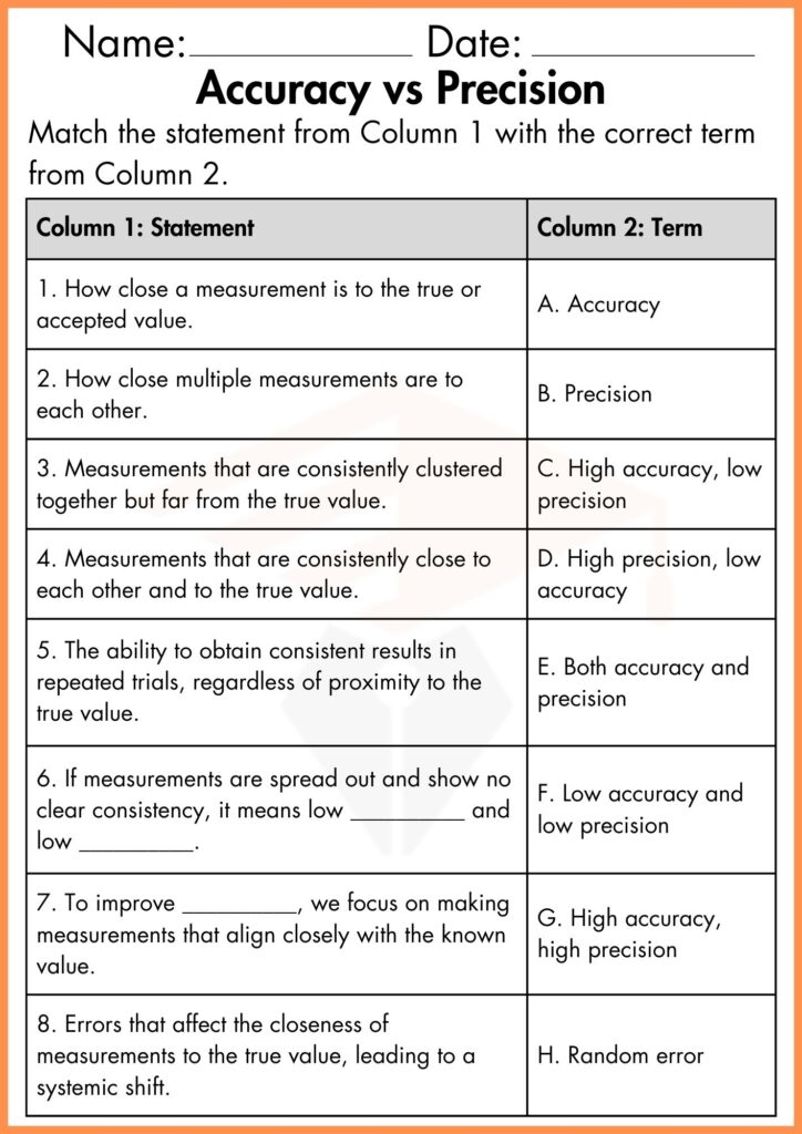 image showing Matching table accuracy and precision worksheet  4