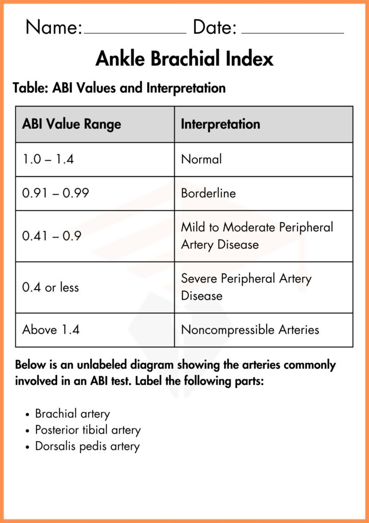 image showing Matching table ankle brachial index worksheet 4