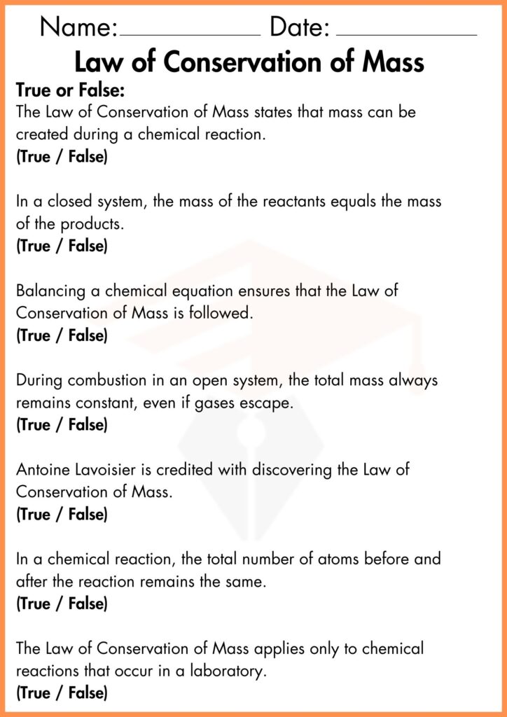 image showing True or False Law of Conservation of Mass worksheet 4