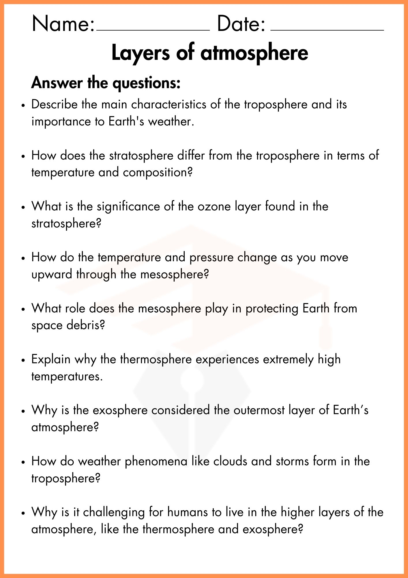 Layers of atmosphere worksheets