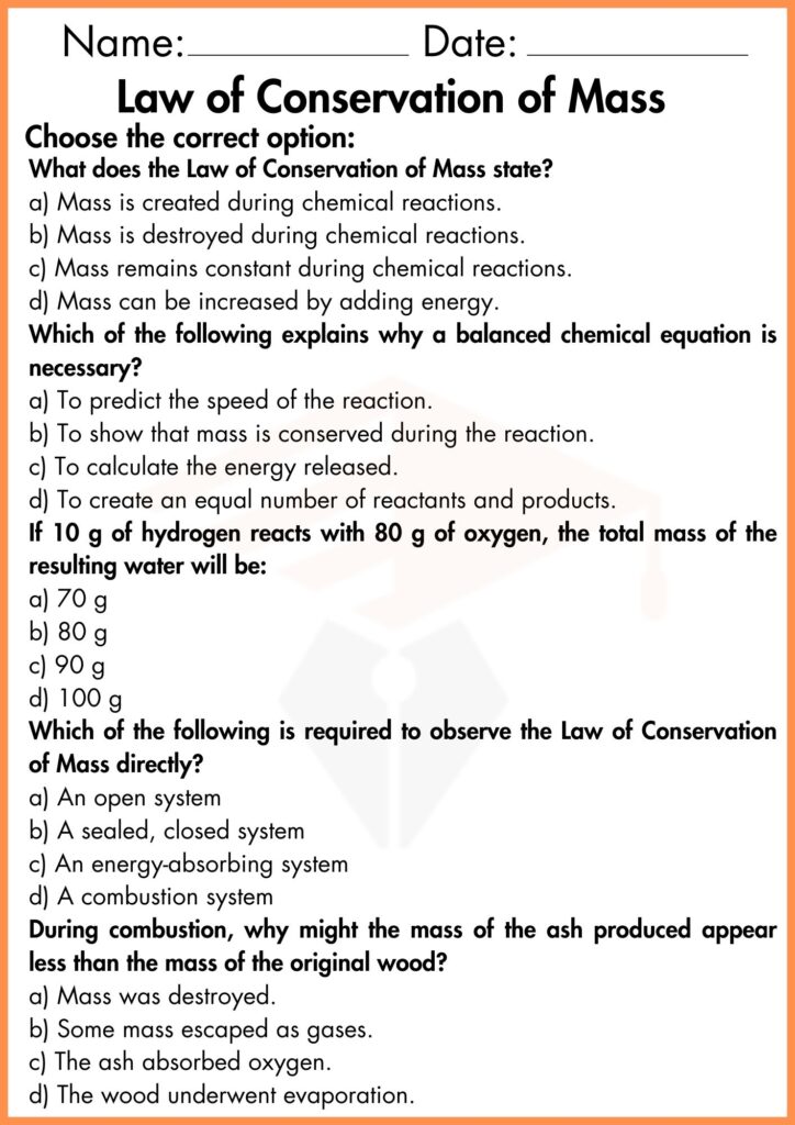 image showing choose the correct option  Law of Conservation of Mass worksheet 3