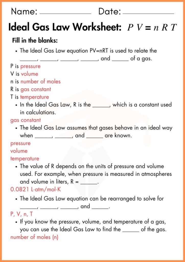 Image showing Ideal Gas Law Worksheets:  𝑃 𝑉 = 𝑛 𝑅 𝑇