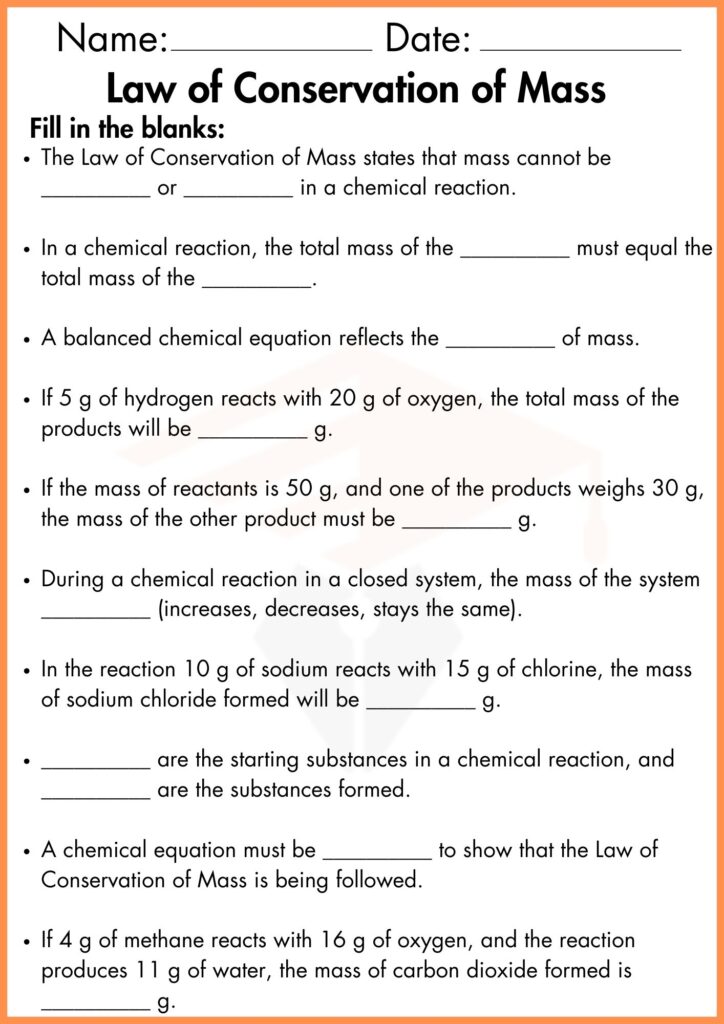 image showing fill in the blanks Law of Conservation of Mass worksheet 2