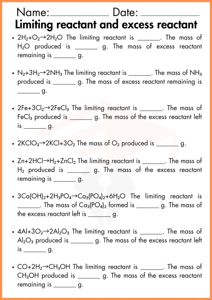 image showing fill in the blanks limiting reactant and excess reactant worksheet 3