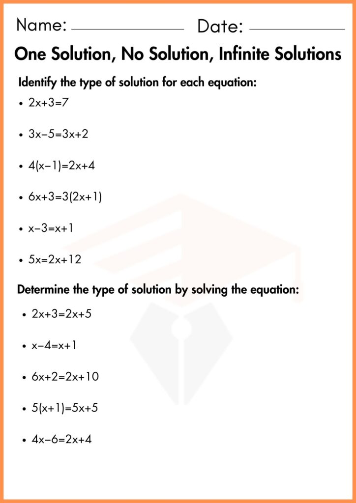 image showing identify the type One solution no solution infinite solutions worksheet 1