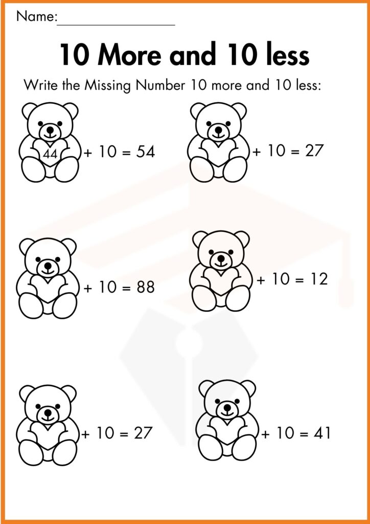 image showing missing 10 more and 10 less worksheet 2