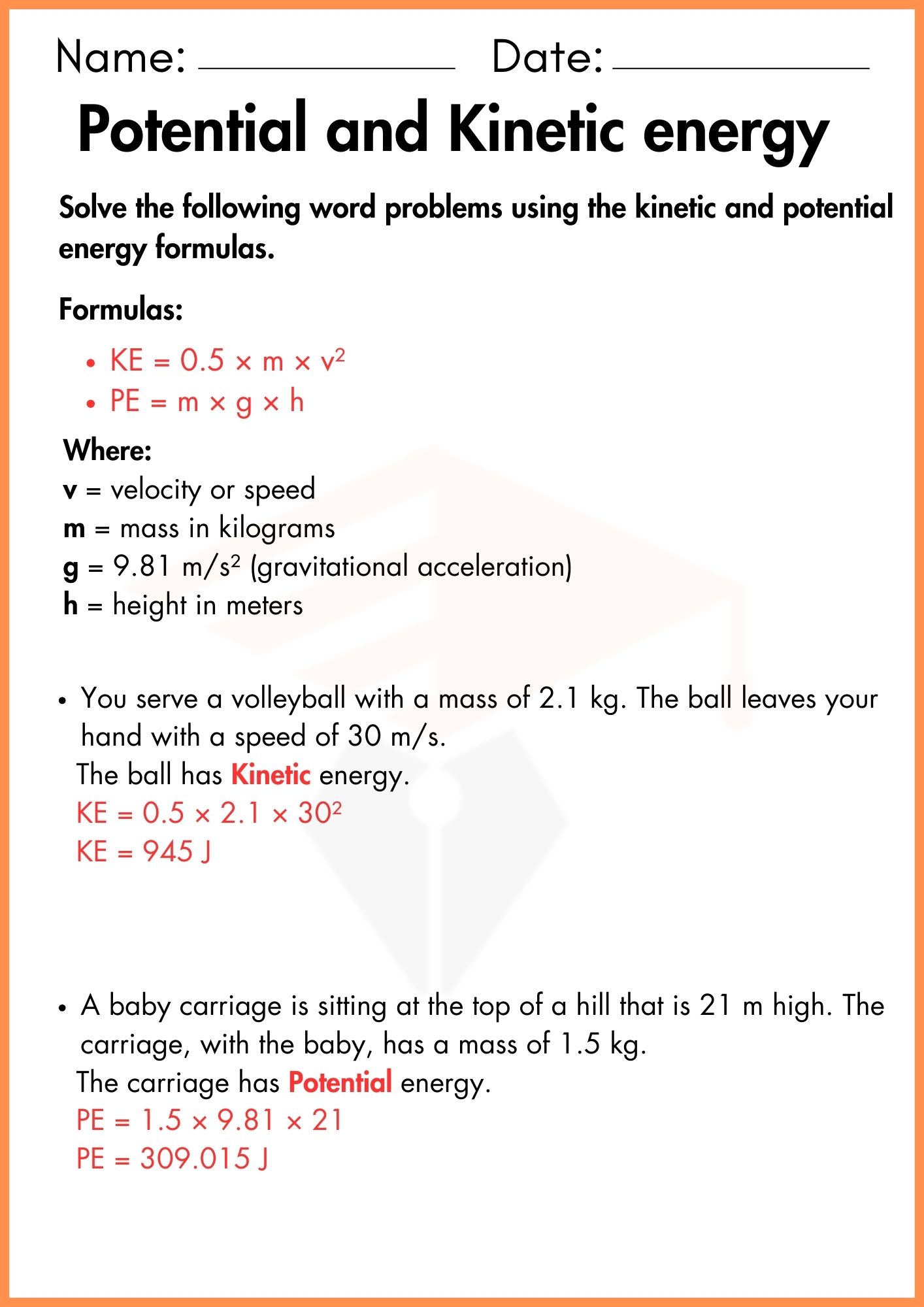 Potential and kinetic energy worksheet with answers