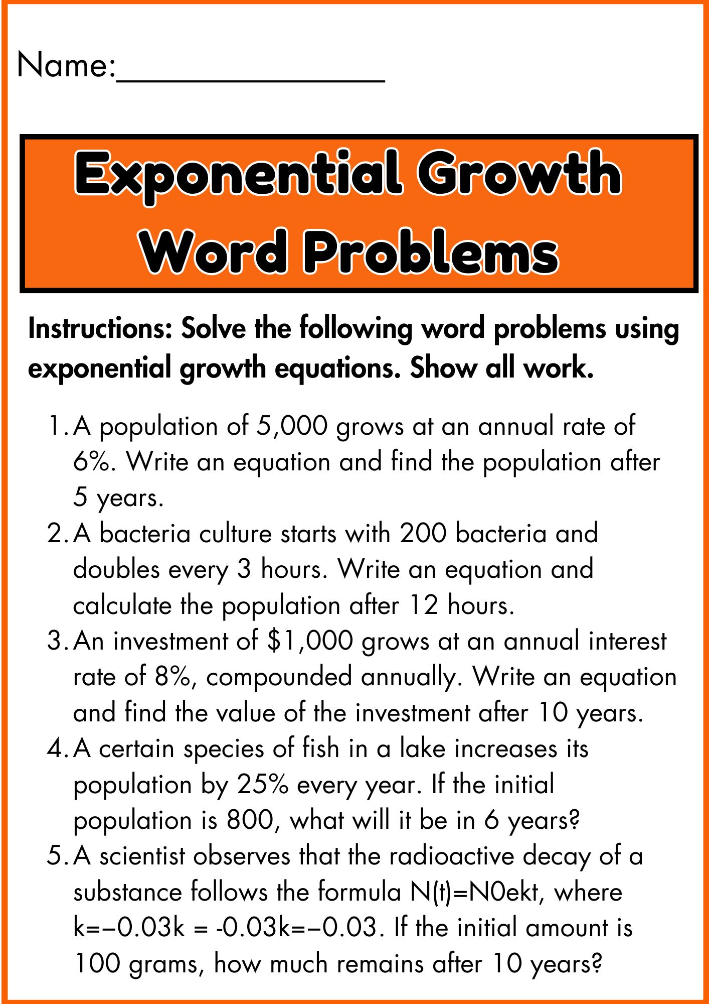Exponential Function Word Problem Example Worksheet.pdf Exponential Equations Word Problems Worksheets
