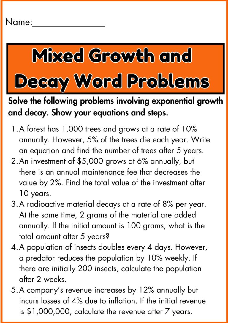 Exponential Equations Word Problems Worksheets