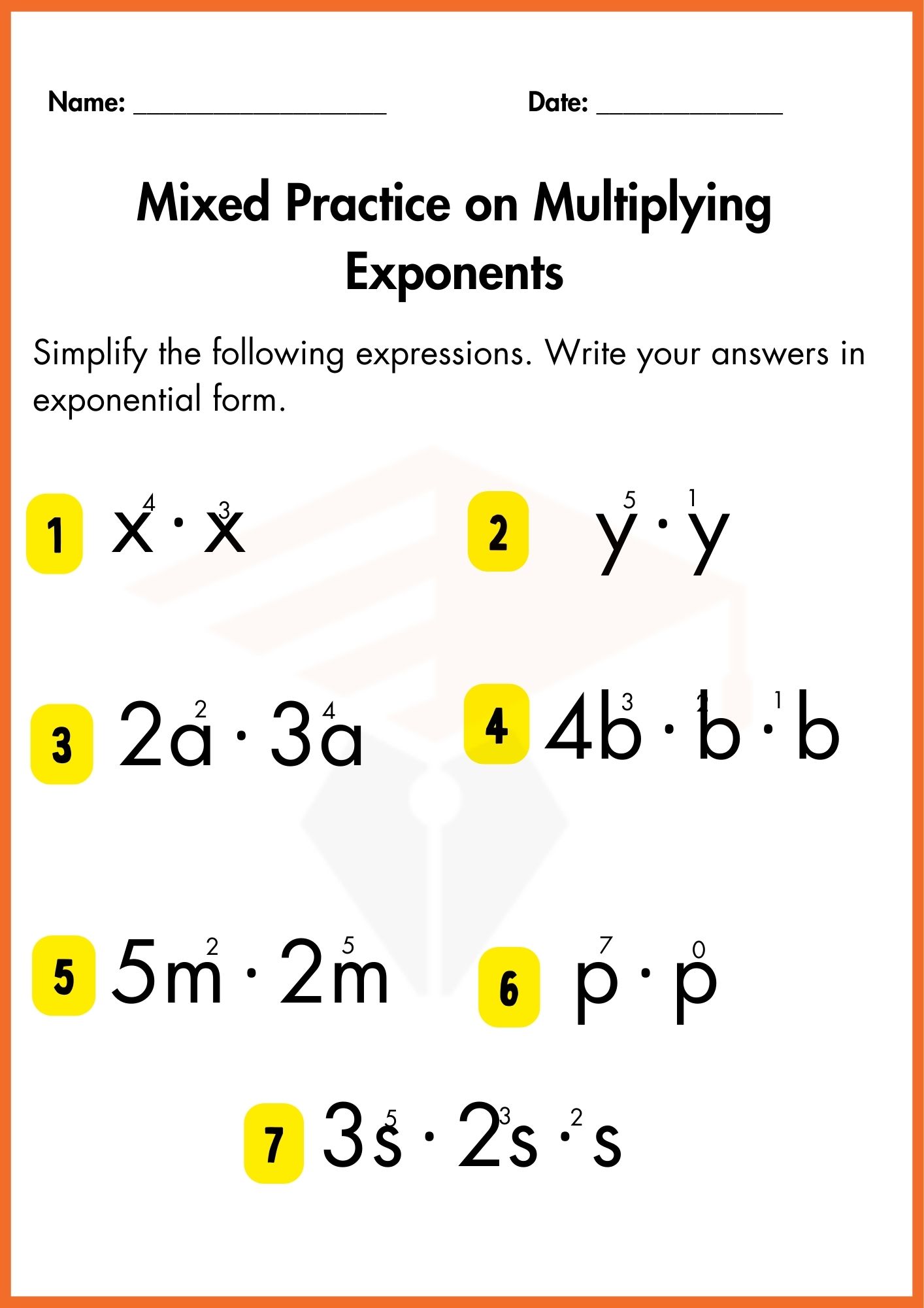 Multiplication of Exponents Worksheets
