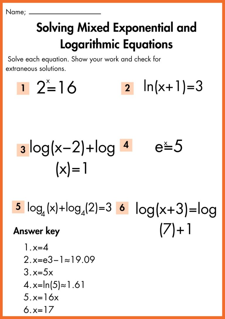 Solving Exponential and Logarithmic Equations Worksheets With Answers