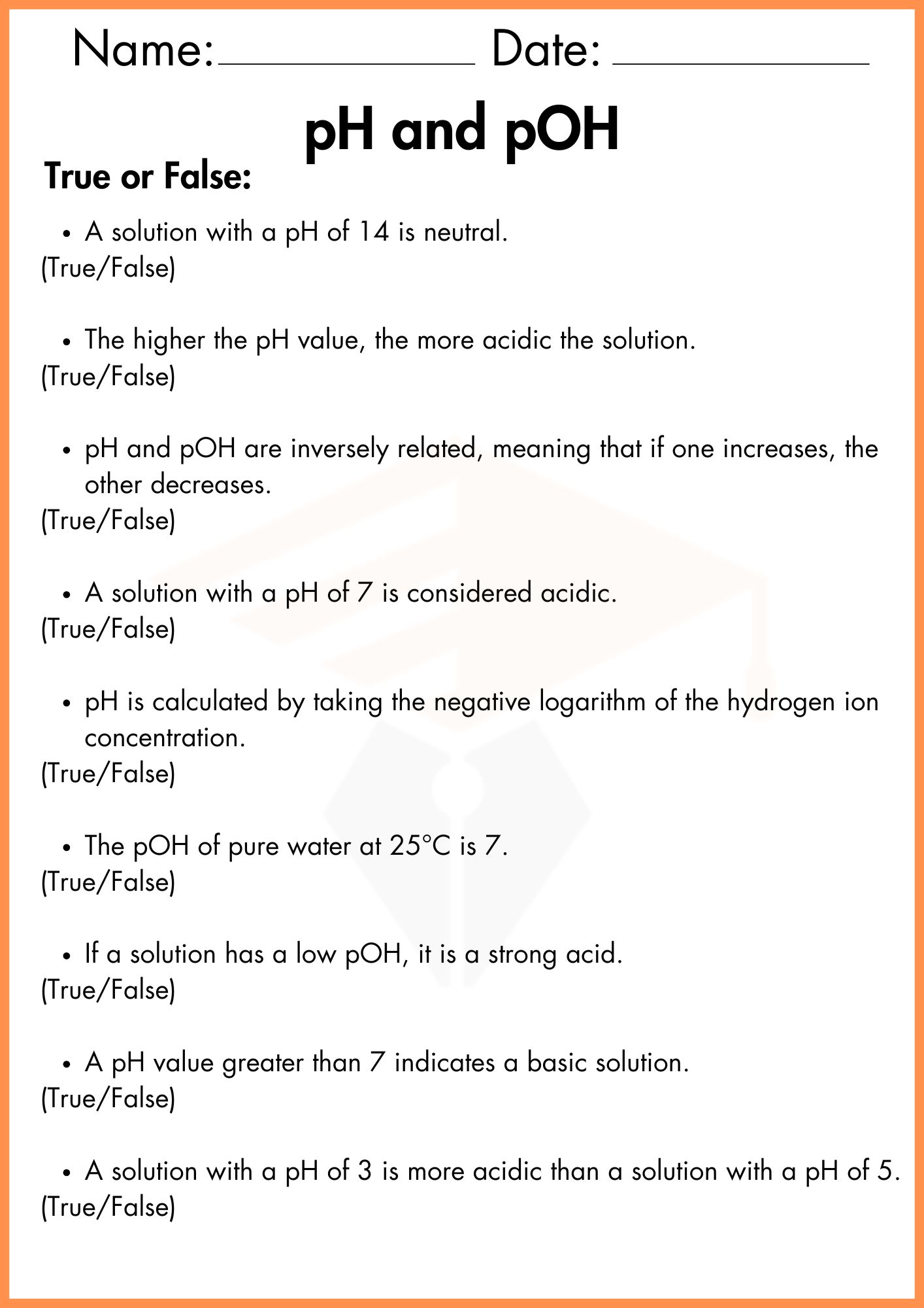 pH and pOh Worksheets