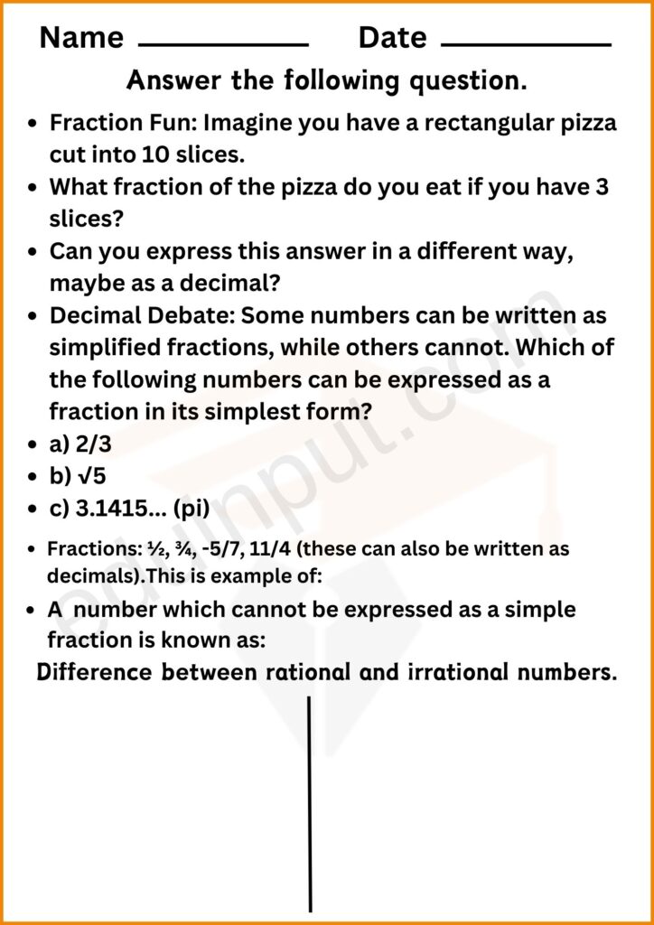 Answer the Questions Worksheet of Rational and Irrational Number