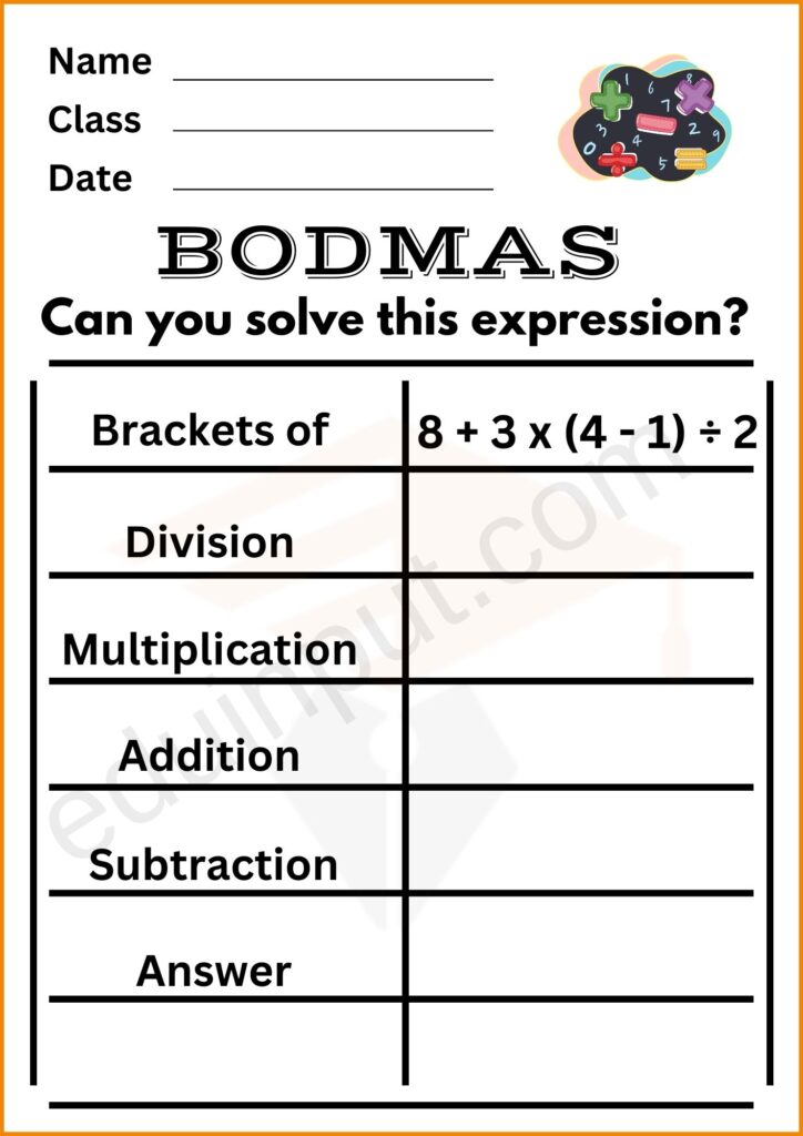 Solve the expression worksheet of BODMAS