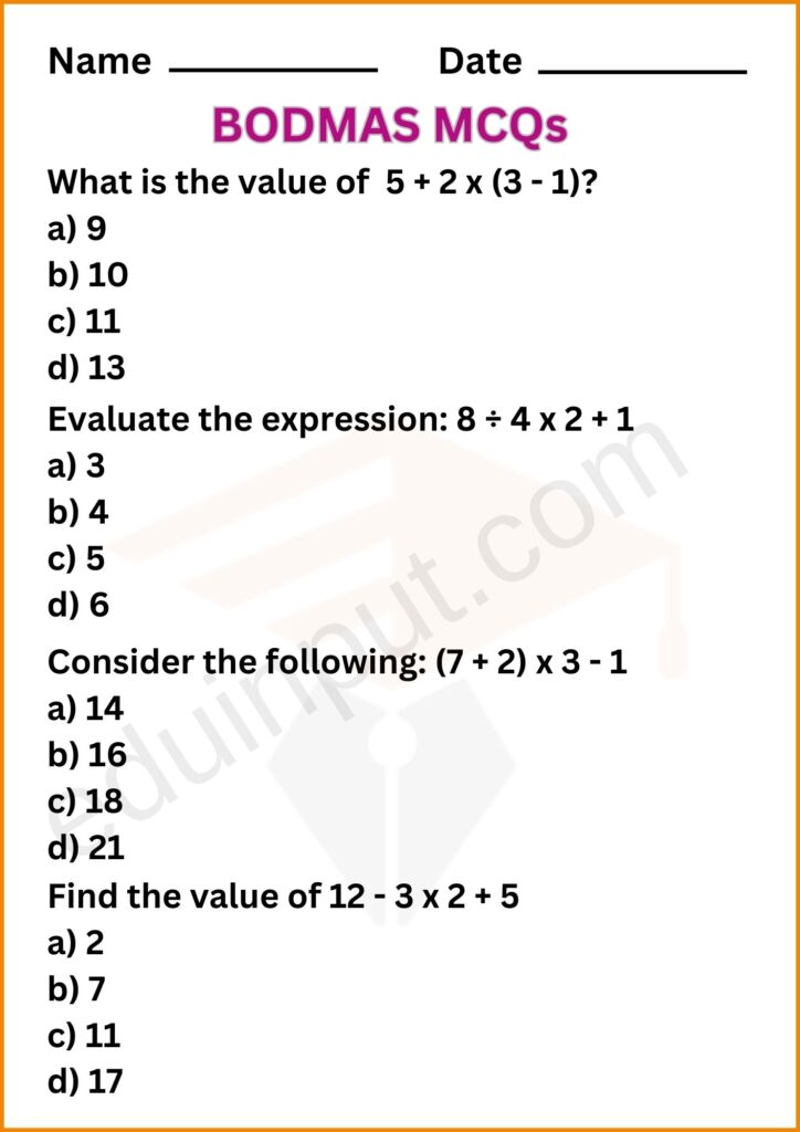 Multiple Choice Questions Worksheet of BODMAS